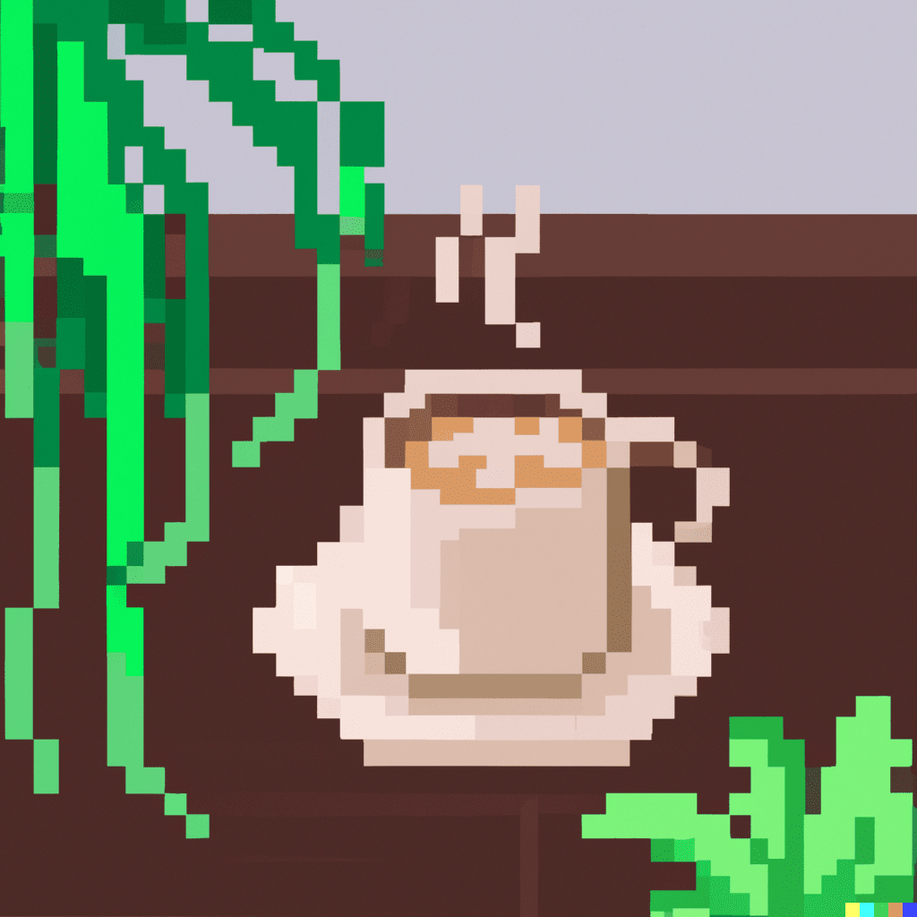 A pixel art of coffee on a table