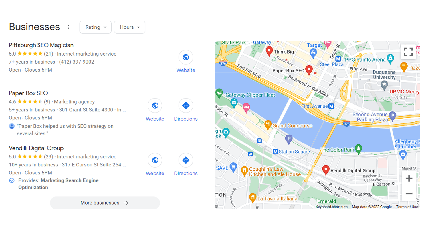 GMB results for SEO Pittsburgh