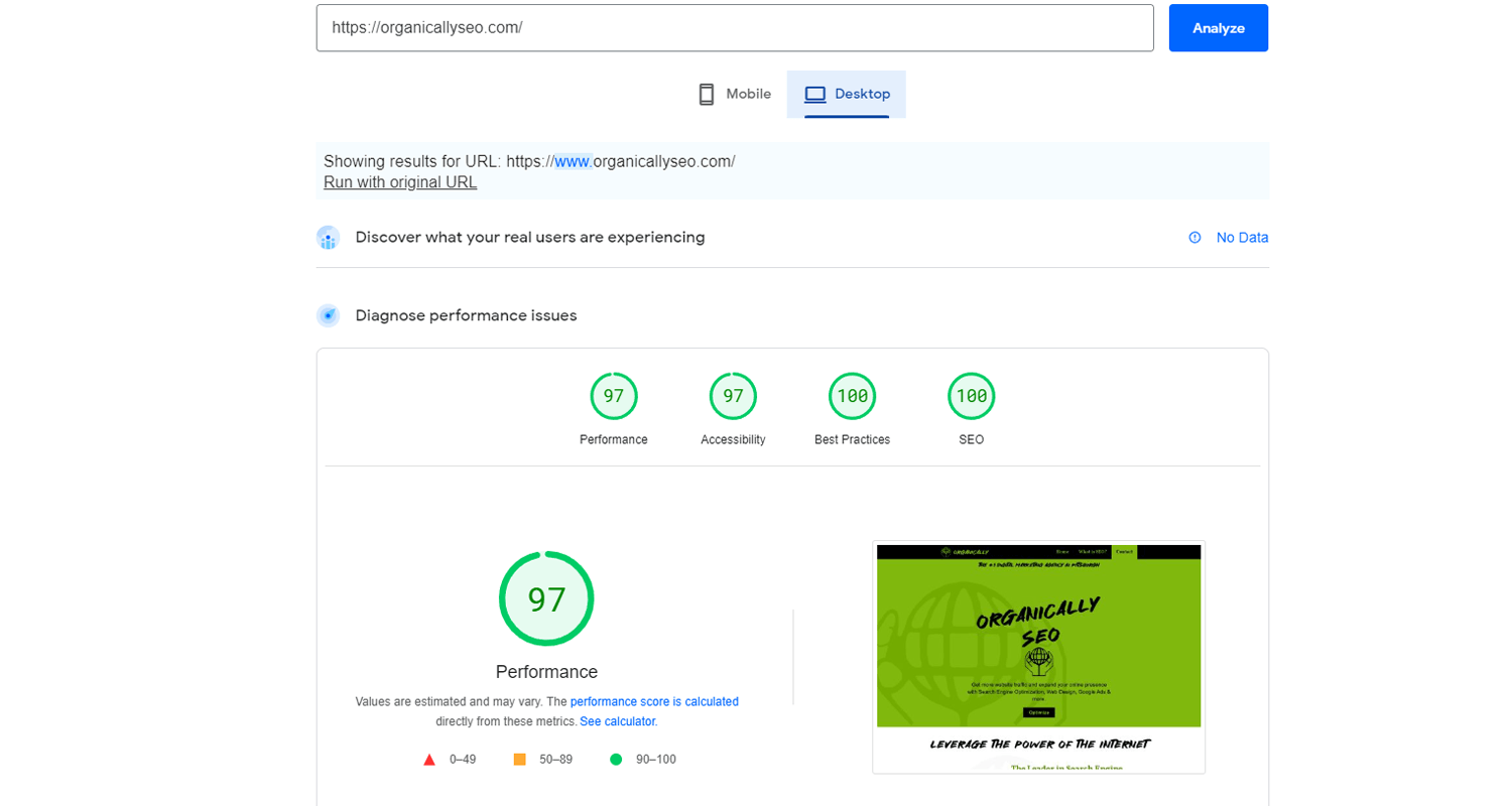 Pagespeed insights for organically seo
