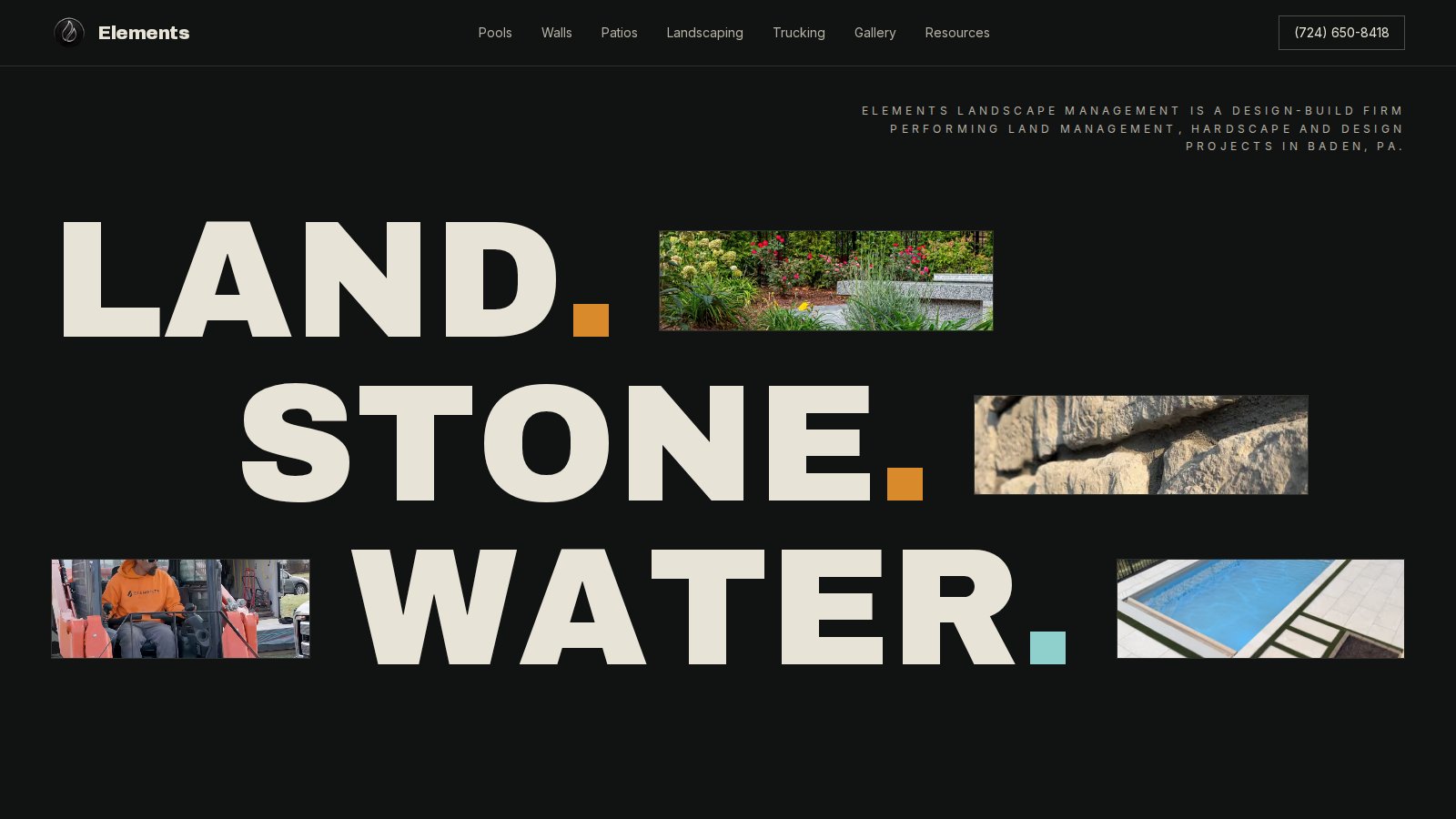 Elements Landscape Management website, Land Stone Water hero