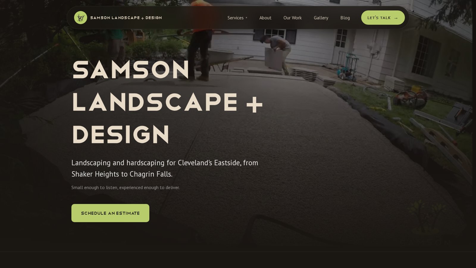Samson Landscape + Design website, hero over a crew pouring a patio